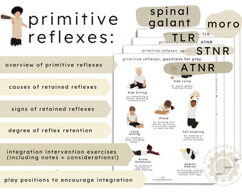 May include: A printable chart with illustrations of children in different positions, such as side lying, side sitting, long sitting, prone, tall kneeling, prone extension, and supine flexion. The chart is titled "Primitive Reflexes: Positions for Play ATNR" and includes the text "TLR", "STNR", "ATNR", "Moro", and "Spinal Galant".