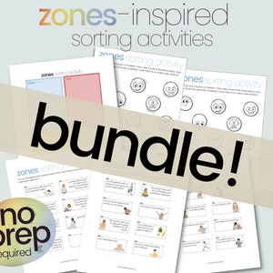 May include: A bundle of printable worksheets for kids to learn about the zones of regulation. The worksheets feature different activities, such as sorting emotions, identifying feelings, and matching activities to zones. The text "zones-inspired sorting activities bundle!" is written in large, bold letters across the top of the image. The text "no prep required" is written in a colorful circle at the bottom of the image.