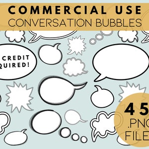 Pode incluir: Uma coleção de mais de 45 balões de conversa em vários formatos e tamanhos, incluindo um balão de fala que diz "NO CREDIT REQUIRED!" Os balões são brancos com contornos pretos e estão sobre um fundo azul claro. A imagem também inclui o texto "COMMERCIAL USE CONVERSATION BUBBLES" e "45+ .PNG FILES".