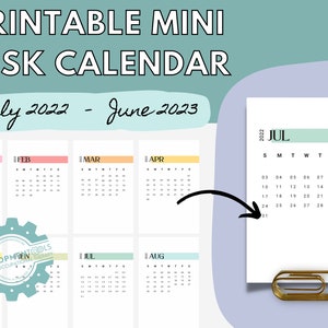 Printable Mini Desk Calendar | June 2022 - July 2023 | Instant Download | Back to School | Desk Organization | Minimalist | Colorful