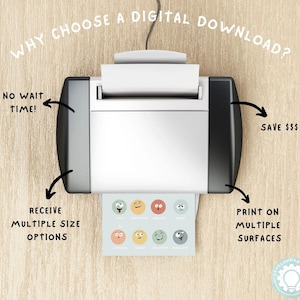 May include: A printer with a sheet of paper with colorful emoji stickers coming out of it. The image shows the benefits of choosing a digital download: no wait time, save money, receive multiple size options, and print on multiple surfaces.