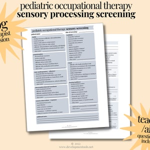 Puede incluir: Un cuestionario de evaluación del procesamiento sensorial imprimible para terapia ocupacional pediátrica. El cuestionario está dividido en secciones para el procesamiento sensorial táctil, propioceptivo, auditivo, visual y vestibular. El documento incluye una versión para el terapeuta y una versión para el maestro/ayudante.