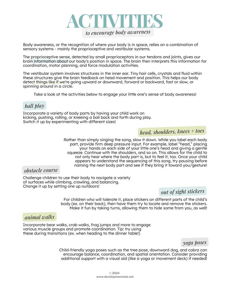 Body Awareness Activities Handout for Coordination, Occupational ...