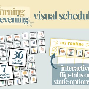 May include: A set of 36 visual cards for creating morning and evening routines. The cards feature illustrations of activities like brushing teeth, getting dressed, and eating breakfast. The set includes 7 different schedule versions and is labeled "interactive flip-tabs or static options".