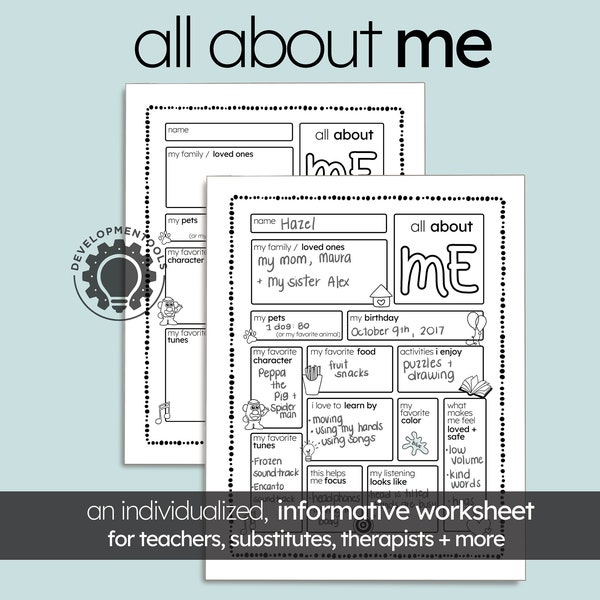 All About Me Poster | Classroom Resource | Child-Specific Worksheet for Teachers, Subs, Therapists | Pediatric Therapy | Digital Download