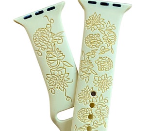 Correa para Apple Watch con grabado láser de flores silvestres, correa floral para reloj inteligente