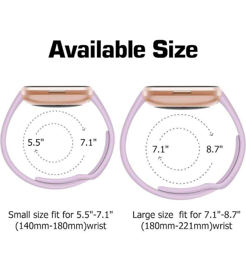 Puede incluir: Dos pulseras de mu&ntilde;eca en color lila claro con detalles dorados. La pulsera de la izquierda est&aacute; etiquetada como "Small size fit for 5.5"-7.1" (140mm-180mm)wrist". La pulsera de la derecha est&aacute; etiquetada como "Large size fit for 7.1"-8.7" (180mm-221mm)wrist".