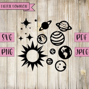 Zonnestelsel Svg, planeten Svg, zonnestelsel sticker, ruimte Svg, zon Svg, sterren Svg, planeet sticker, silhouet, Cricut, Vinyl, Png en Svg-bestand,