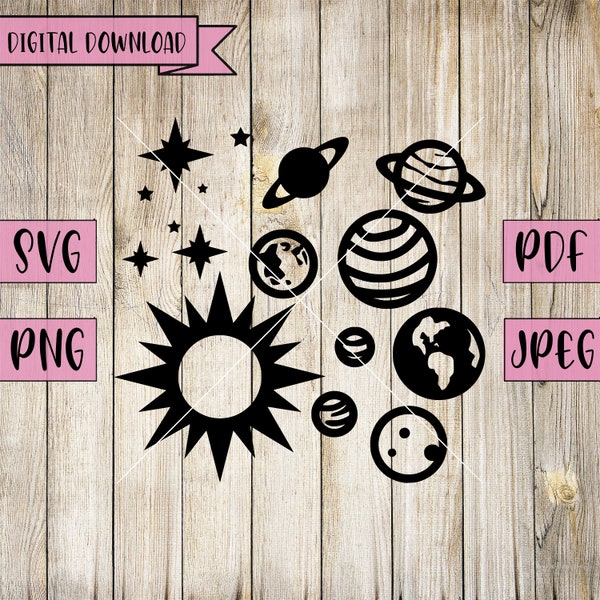 Solar System Svg, Planets Svg, Solar System Decal, Space Svg, Sun Svg, Stars Svg, Planet Decal, Silhouette, Cricut, Vinyl, Png and Svg File,