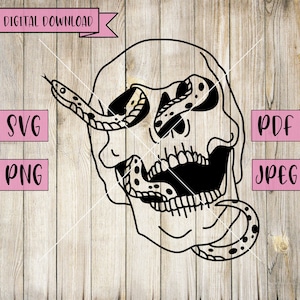 May include: Black and white illustration of a skull with snakes wrapped around it. The snakes have a dotted pattern.