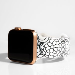 Doodle Floral, White Watch Band for Apple Watch Series 1-9, 38mm, 40mm, 41mm, 42mm, 44mm, 45mm, 49mm, SE, SE2, Ultra, Ultra 2, Floral Print