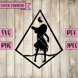 May include: Black silhouette of a woman with long hair, wearing a dress, standing in a diamond-shaped frame with a crescent moon above her head.