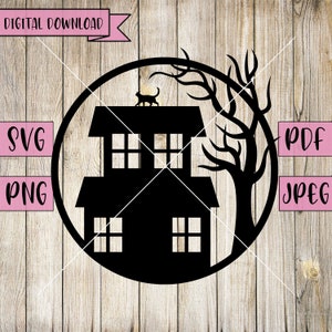 Spukhaus SVG, Spukhaus Kunst, Halloween, Katze Haus, Spukhaus, Haus Aufkleber, Silhouette, SVG-Datei, Spukhaus, geschnitten Datei