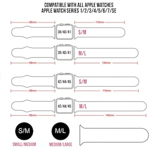 Puede incluir: Diagrama que muestra los tama&ntilde;os de banda de Apple Watch compatibles con los diferentes modelos de relojes. El diagrama muestra la longitud de la banda en mil&iacute;metros para los tama&ntilde;os peque&ntilde;o/mediano y mediano/grande para los modelos de Apple Watch con cajas de 38/40/41 mm y 42/44/45 mm.