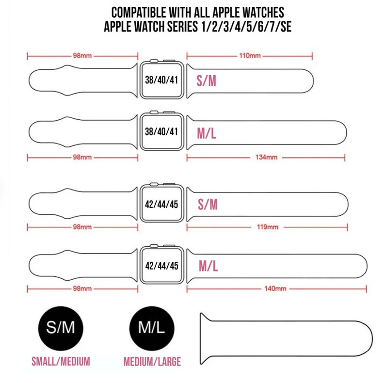 Puede incluir: Diagrama que muestra los tama&ntilde;os de banda de Apple Watch compatibles con los diferentes modelos de relojes. El diagrama muestra la longitud de la banda en mil&iacute;metros para los tama&ntilde;os peque&ntilde;o/mediano y mediano/grande para los modelos de Apple Watch con cajas de 38/40/41 mm y 42/44/45 mm.