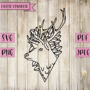 May include: Black line art of a deer head with antlers and foliage, set within a geometric shape. The words "DIGITAL DOWNLOAD", "SVG", "PNG", "PDF", and "JPEG" are displayed on a wooden background.