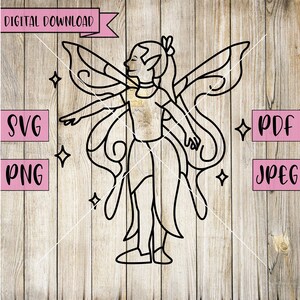 May include: Black and white line art illustration of a fairy with wings, a flower in her hair, and a whimsical expression. The fairy is standing with her arms outstretched.