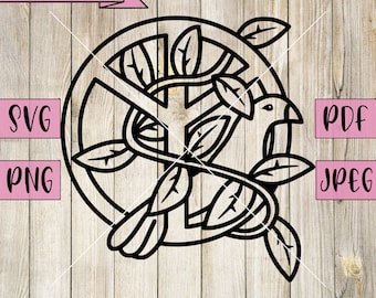 May include: Black and white line art illustration of a peace sign with a bird and leaves inside. The peace sign is surrounded by a circle.