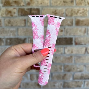 Pink Flowers, Floral Watch Band Compatible with Apple Watch Series 1-9, 38mm, 40mm, 41mm, 42mm, 44mm, 45mm, 49mm, SE, SE2, Ultra, Ultra 2