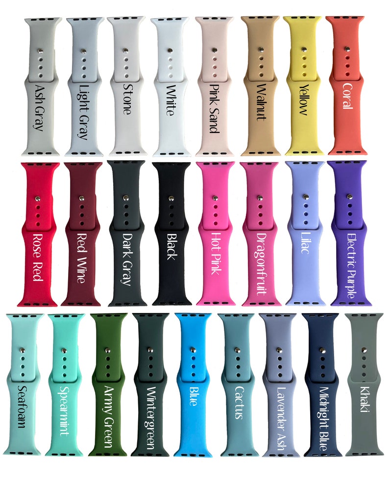 Puede incluir: Un conjunto de 20 bandas de Apple Watch de diferentes colores. Las bandas est&aacute;n hechas de silicona y tienen una variedad de colores, incluyendo rojo, azul, verde, amarillo y negro. Las bandas son todas del mismo tama&ntilde;o y se muestran en una fila.
