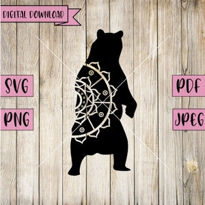 Bear Svg, Bear Clipart, Bear Decal, Wild Animal Svg, Bear Mandala Svg, Sun Svg, Animal Vector, Silhouette, Cricut, Vinyl, Instant Download