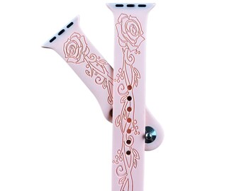 Correa para Apple Watch con grabado láser de rosas y diseño floral.