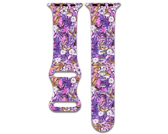 Correa de reloj floral hawaiana morada compatible con Apple Watch Series 1-9, 38 mm, 40 mm, 41 mm, 42 mm, 44 mm, 45 mm, 49 mm, SE, SE2, Ultra, Ultra 2