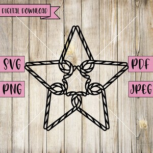 May include: Black and white digital download of a rope star design. The design is available in SVG, PNG, PDF, and JPEG formats.