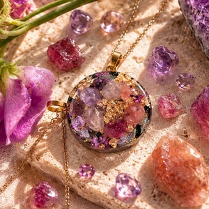 Puede incluir: Un collar con colgante circular que presenta una disposición de pequeños cristales morados, rosas y transparentes incrustados en resina con copos dorados. El colgante cuelga de una fina cadena dorada, rodeado de amatistas sueltas y flores rosas.