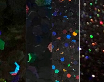 Single Size Black Holographic Glitter - One Size Glitter - 0.2mm, 1mm, 2mm, 2.5mm sequins. (Jet Black)