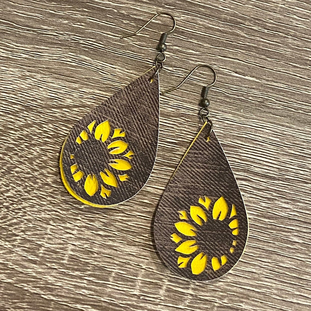 Faux Leather Earrings Sunflower Earrings Yellow and Brown Etsy