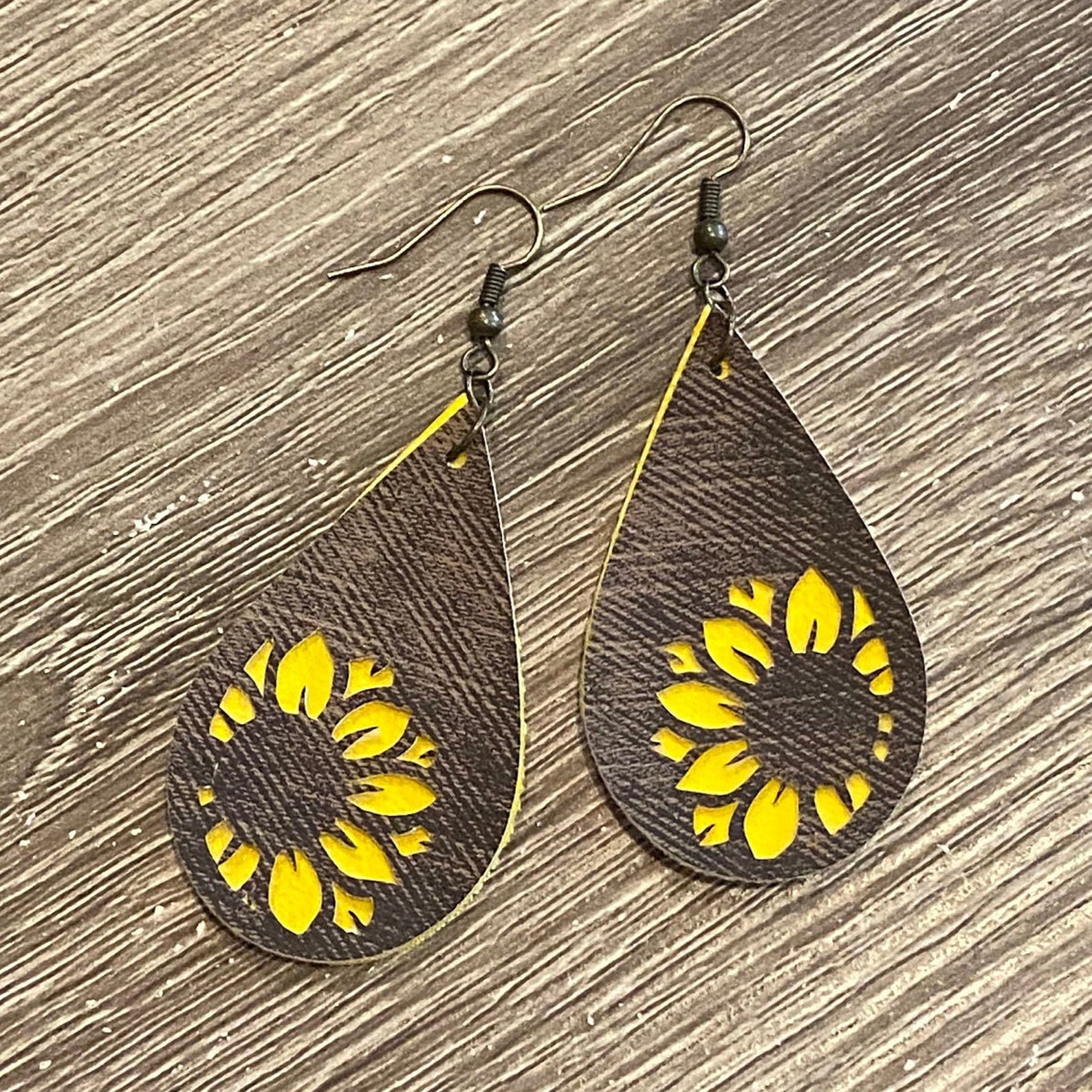 Faux Leather Earrings Sunflower Earrings Yellow and Brown Etsy