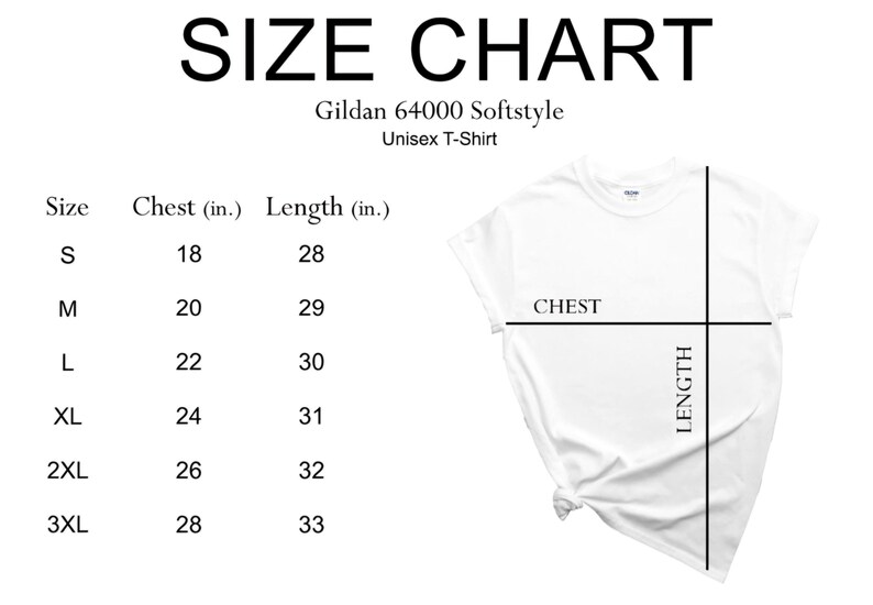 Puede incluir: Tabla de tallas para una camiseta unisex Gildan 64000 Softstyle. La tabla muestra las medidas de pecho y largo en pulgadas para las tallas S, M, L, XL, 2XL y 3XL.