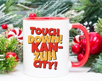 Touchdown Kansas City Coffee Mug, KC Chiefs White Coffee Mug, Touchdown Kan Zuh City Mug, White Chiefs Mug with Red Inside and Red Handle