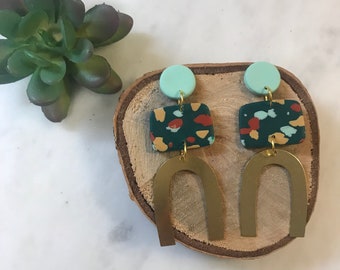 Handmade Polymer Clay Earrings | Clay and Brass Earrings | Green and Gold Arch Earrings