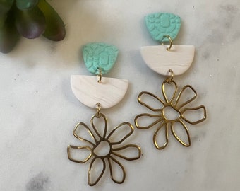 Handmade Polymer Clay Earrings | Brass and Clay Earrings | Flower Earrings