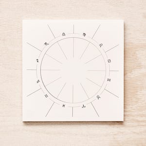 May include: A square white card featuring a black circular zodiac wheel. The design includes twelve distinct astrological symbols arranged around the perimeter of the circle, with thin black lines radiating outward from the center to the edge of the card.