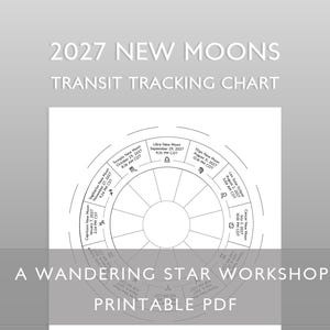 May include: A white printable PDF document titled 2027 NEW MOONS TRANSIT TRACKING CHART by A WANDERING STAR WORKSHOP. The document features a circular astrological wheel diagram with text detailing specific new moon dates, times, and zodiac signs.