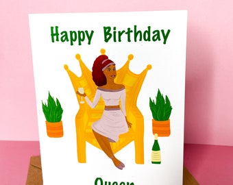 Black Girl Sitting in Throne Birthday Card | Black Queen