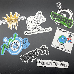 May include: A collection of colorful stickers with various designs and text. The stickers feature the words "Connor Price" and "Trendsetter" in different fonts. Some stickers have cartoon graphics of a globe and a person running. Other text includes "Price Club Tour 2024" and "Globe Spinnin".