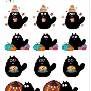 May include: Sheet of stickers featuring black cartoon characters with white eyes and various fall-themed items. The stickers include characters with coffee mugs, pumpkins, pies, and turkeys. The text "THE WILDFLOWER PLANNER" is at the top.