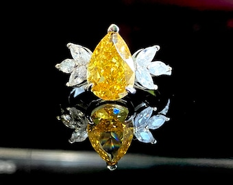 Yellow Pear shaped Diamond Simulants engagement ring, vintage Unique Marquise cut diamond Simulants Cluster engagement ring, gift for women
