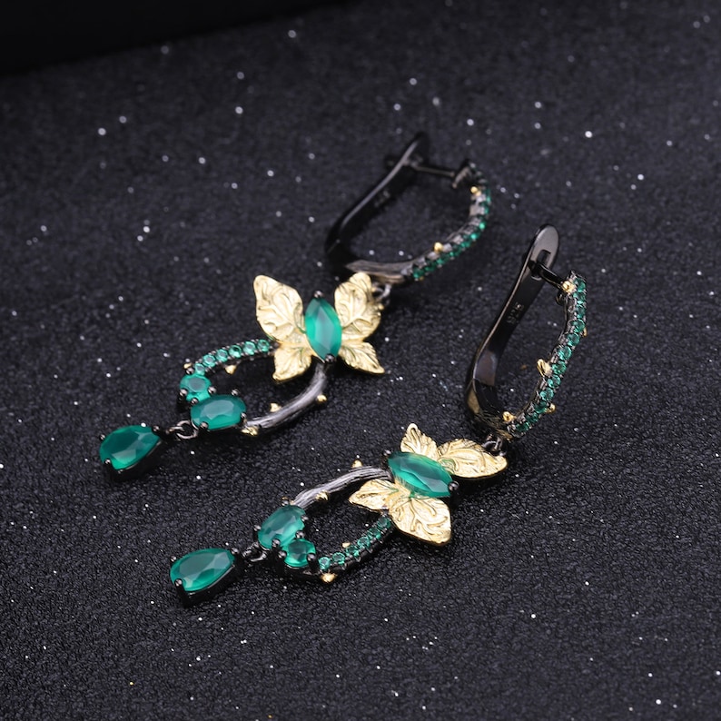 Gemstone earring Gold plated earrings Green earrings Sterling silver earring Butterfly earrings Green Agate earring Drop earring gift