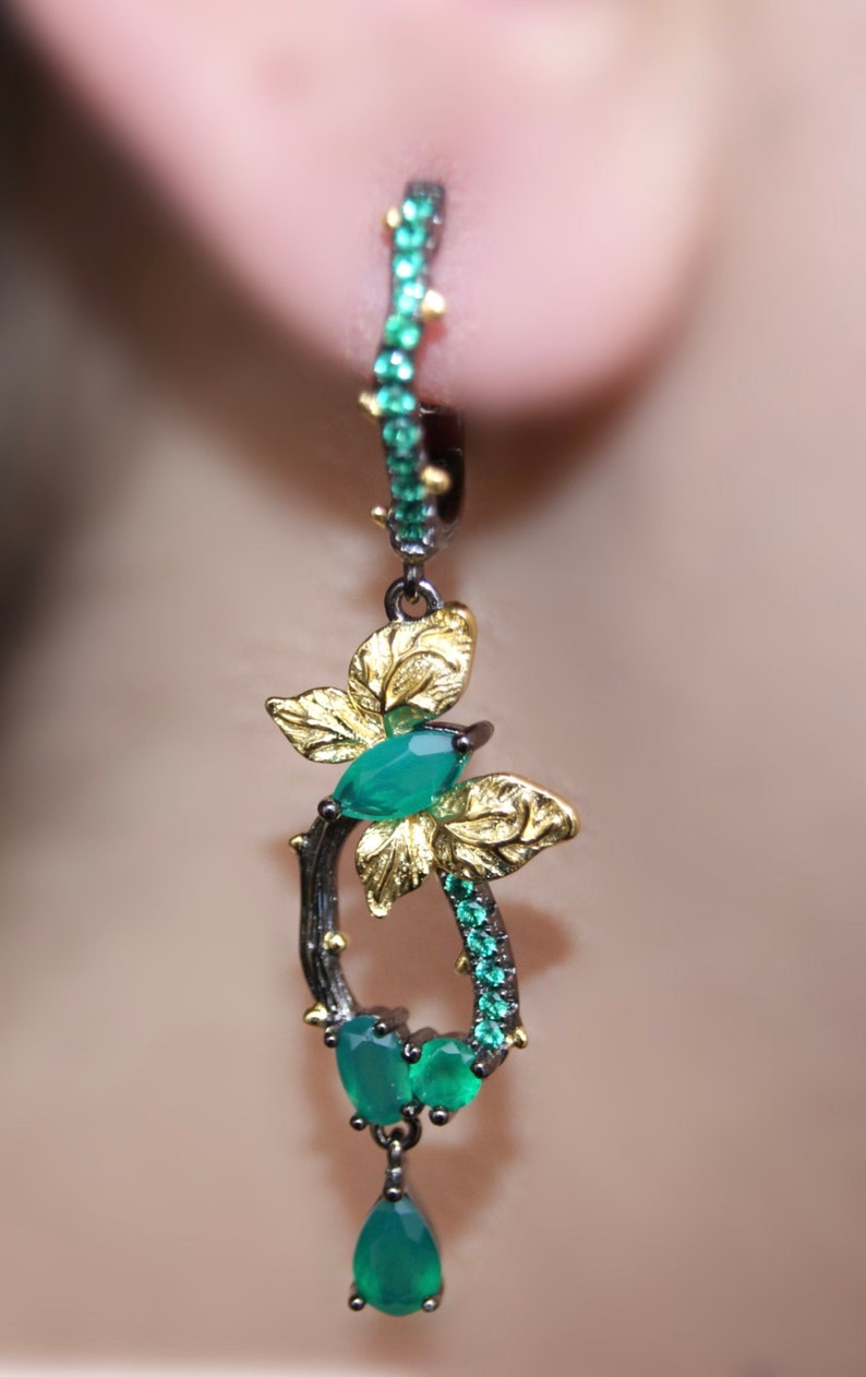 Gemstone earring Gold plated earrings Green earrings Sterling silver earring Butterfly earrings Green Agate earring Drop earring gift