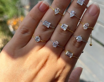 Floating diamond chain ring,Sterling Silver chain ring,5A Grade Zircon,Oval,princess,emerald,round,pear cut rings,adjustable ring,waterproof