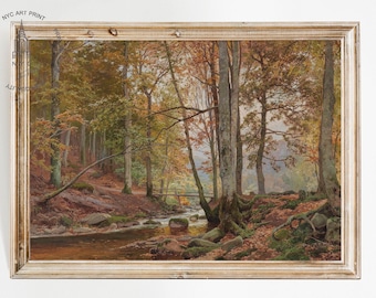 Vintage Autumn Printable Wall Art, Fall Landscape Wall Art, Fall Decor, Thanksgiving Decor, Autumn Decor, Autumn Woodland with Bridge
