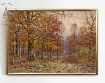 Puede incluir: Una pintura de un camino forestal en otoño. Los árboles son una mezcla de amarillo, naranja y rojo. El camino es de tierra y conduce hacia el bosque. El cielo es de un azul claro.