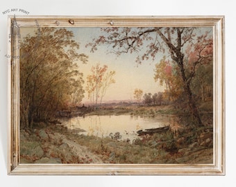 May include: A vintage painting depicting a lake scene with trees in the foreground and a blue sky in the background. The lake is calm and reflective, and the trees are in shades of green, brown, and yellow.