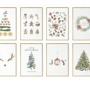 May include: Set of eight watercolor Christmas prints featuring various holiday themes, including a Christmas tree, reindeer, ornaments, and a wreath. The prints are framed in a simple wooden frame.