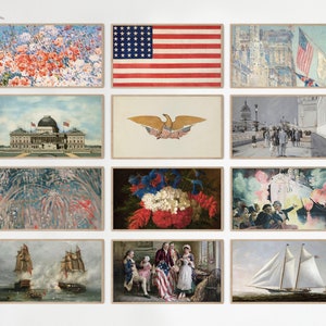 Puede incluir: Un collage de 12 imágenes de estilo vintage que celebran la historia y el patriotismo estadounidenses. Las imágenes incluyen la bandera estadounidense, fuegos artificiales, un águila calva, un barco y un grupo de personas sosteniendo una bandera.